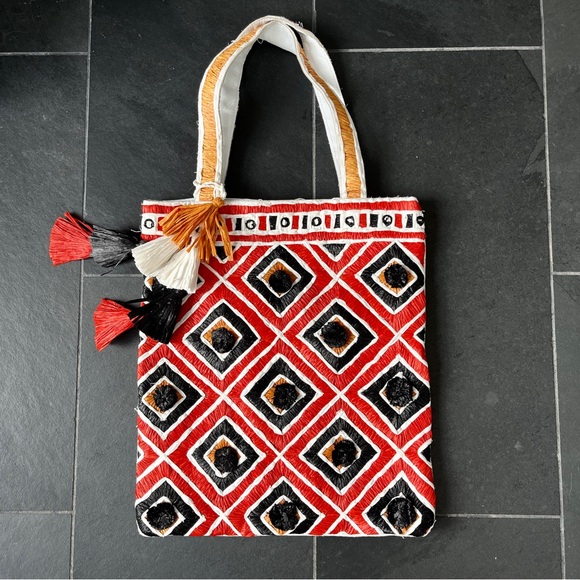 Anthropologie ibBan Tamati tote bag, straw, cotton and leather. - Picture 3 of 10